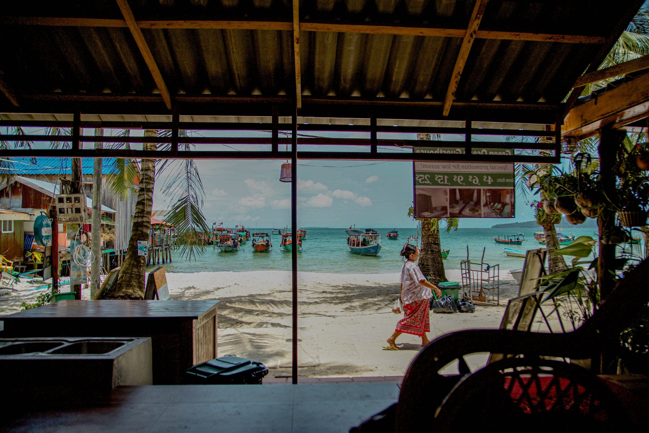 View of the beach inside a cafe on Koh Rong, Cambodia