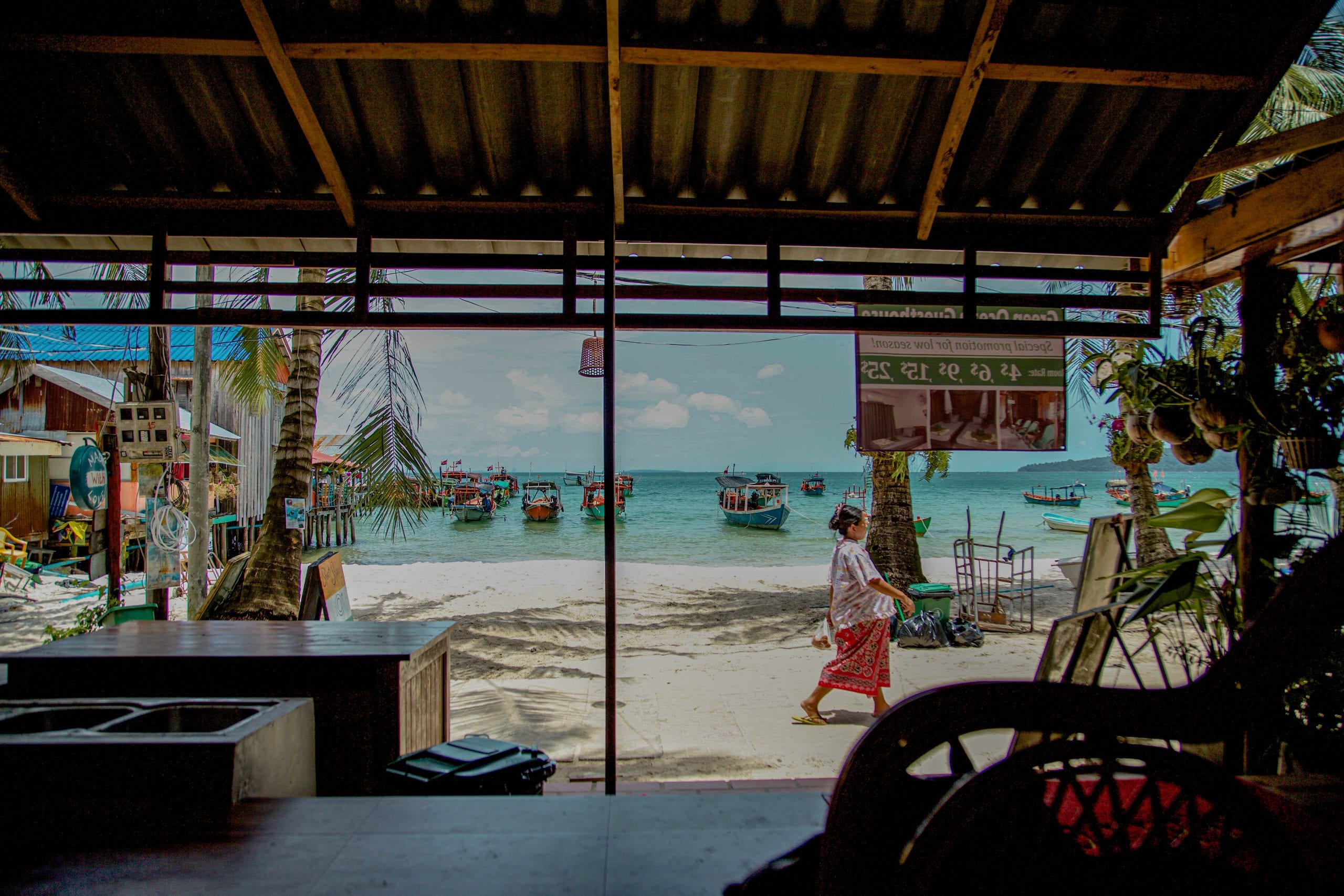 Koh Rong View of the beach inside a cafe on Koh Rong, Cambodia