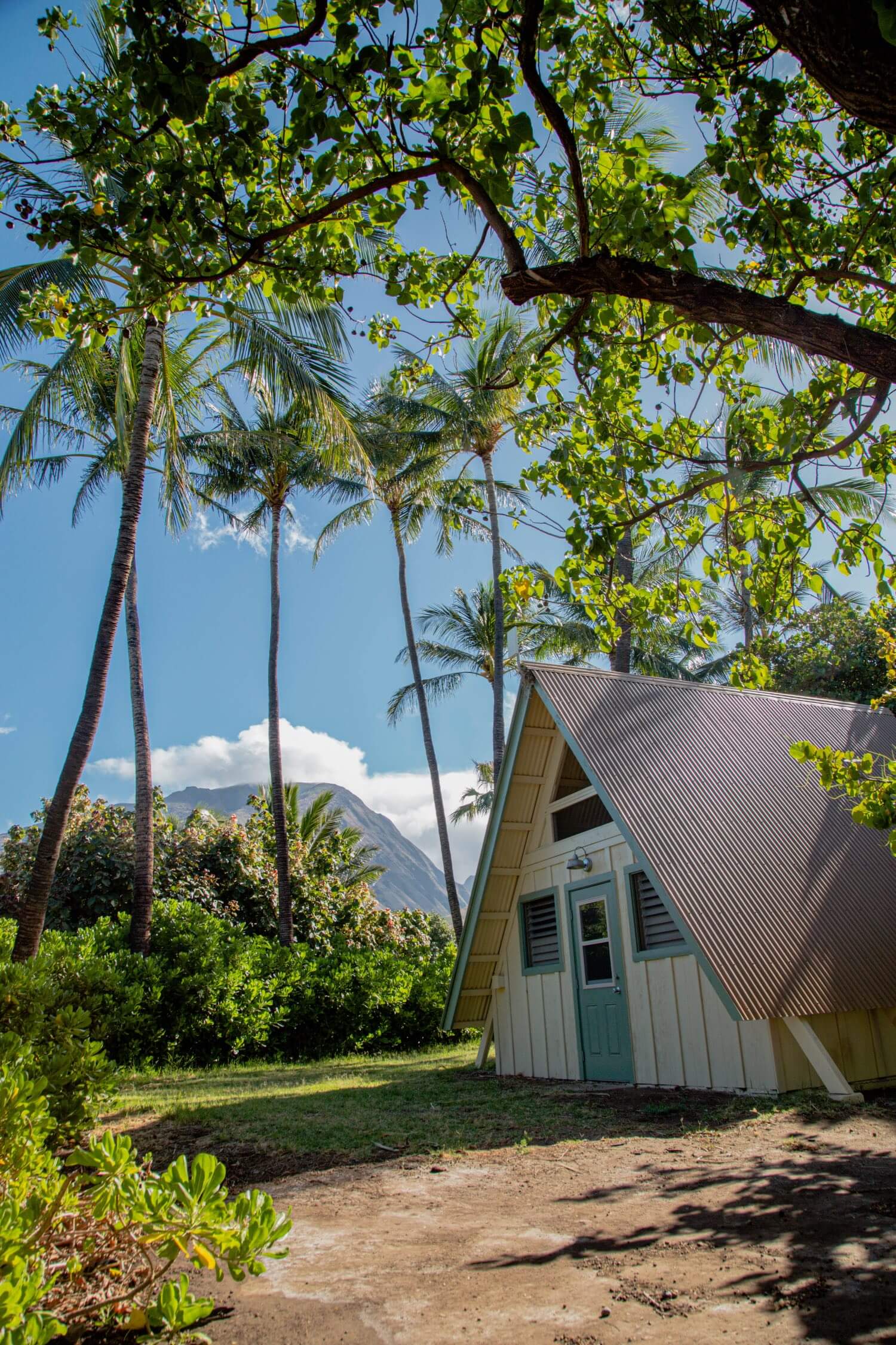 Camp Olowalu cabins with the West Maui Mountains in the background