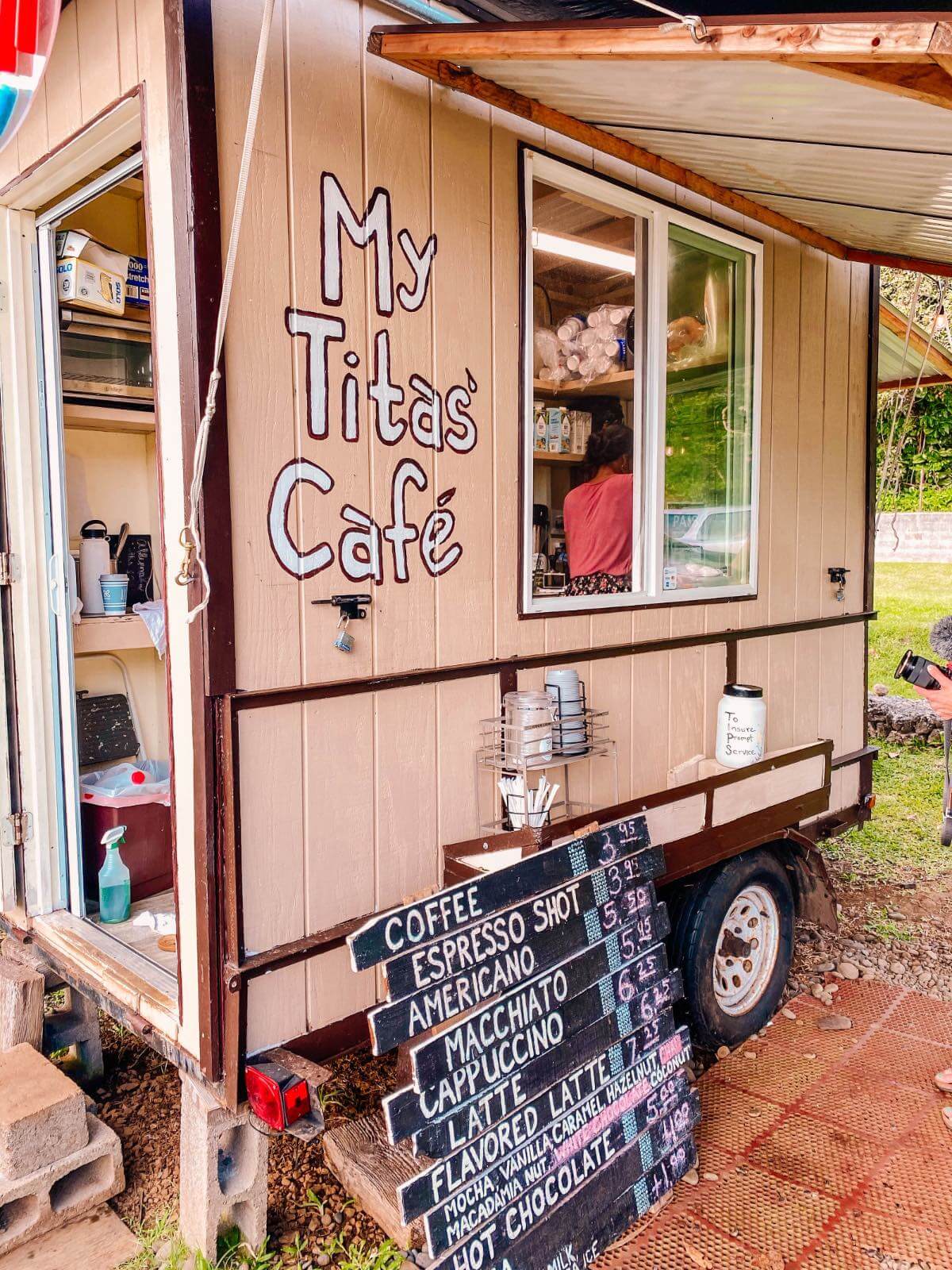 Getting coffee at My Titas Cafe in Hana, HI Coffee stand in Hana Maui