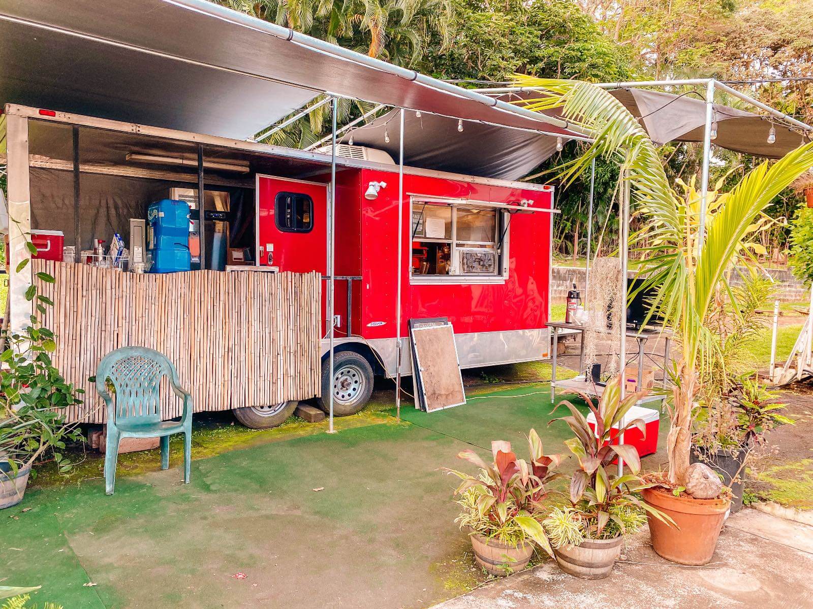 Red food truck in Hana Hi, Maui-2 Red food truck in Hana Hi, Maui with I'm Jess Traveling
