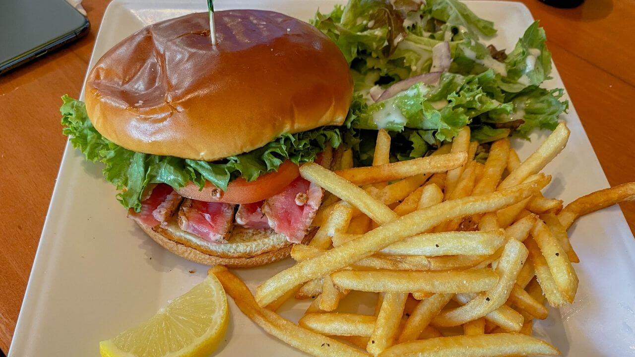 Burger and fries at Cafe Mambo, places to eat in Paia Burger and fries at Cafe Mambo, places to eat in Paia