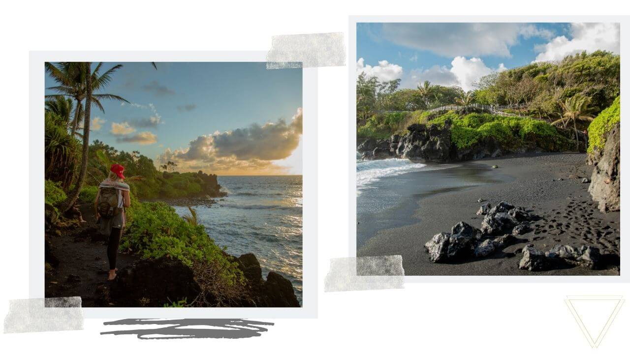 Black sand beach Waianapanapa State Park on the road to Hana