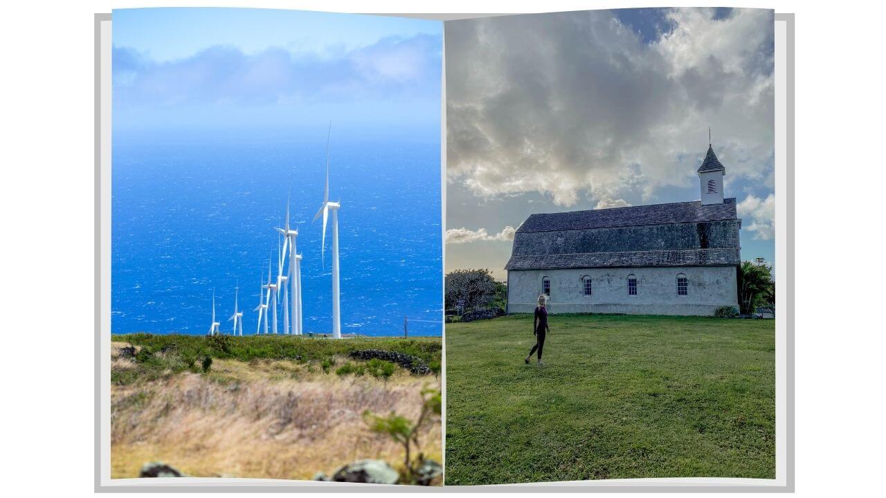 St. Josephs church and the wind turbines on Maui 