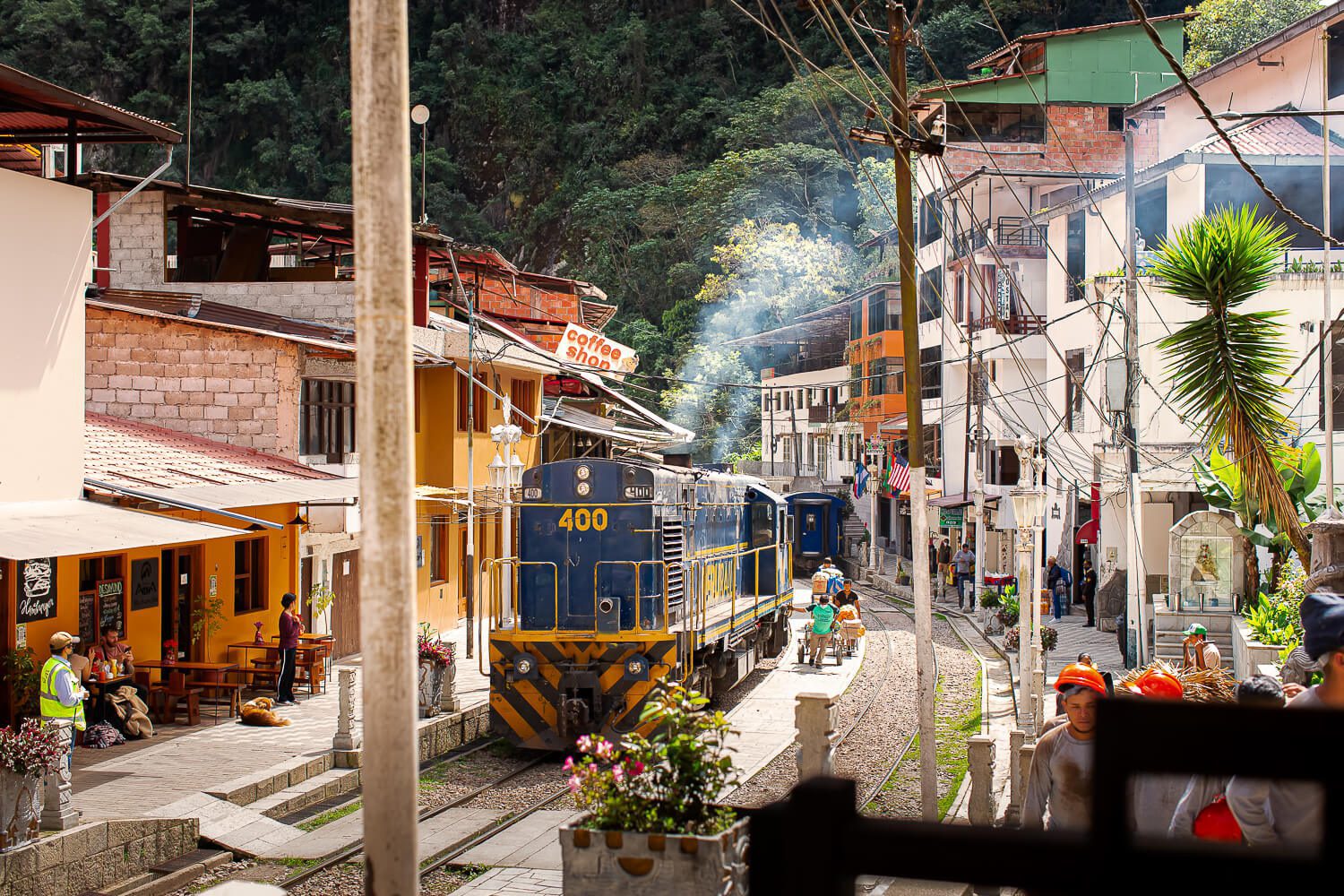 Beautiful train in the mountains Train through Aguas Calientes, Peru