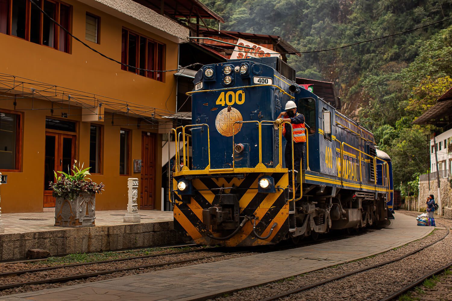 Train in Aguas Calientes town The train coming into Aguas Calientes, Peru