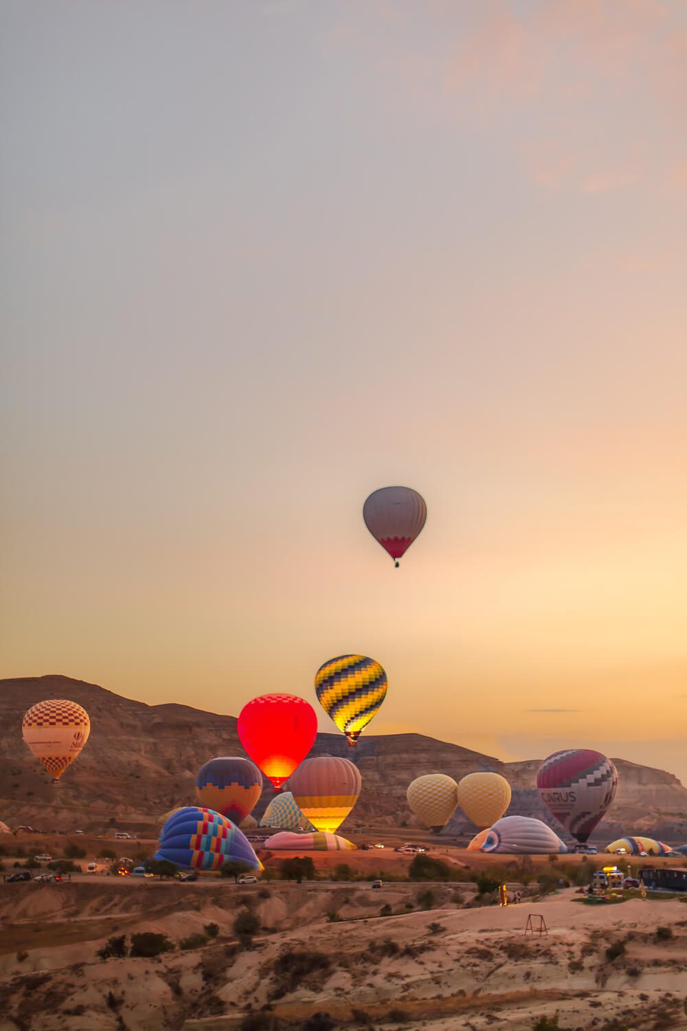 Hot air balloons at sunrise in Cappadocia