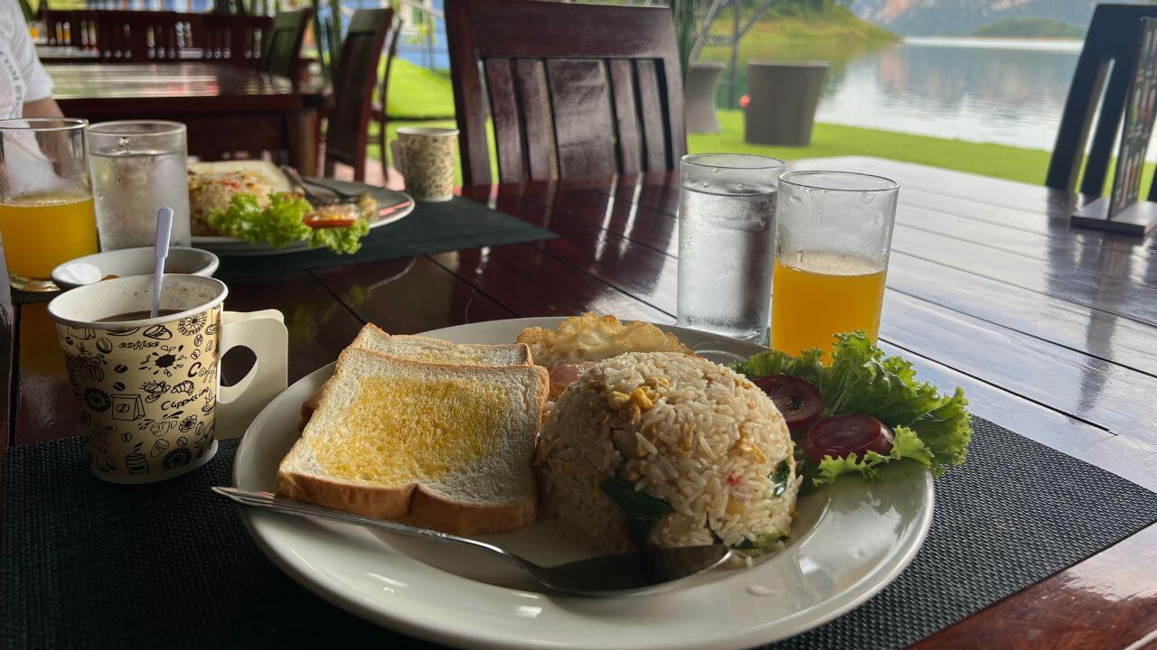 Breakfast at the overwater bungalows in Khao Sok