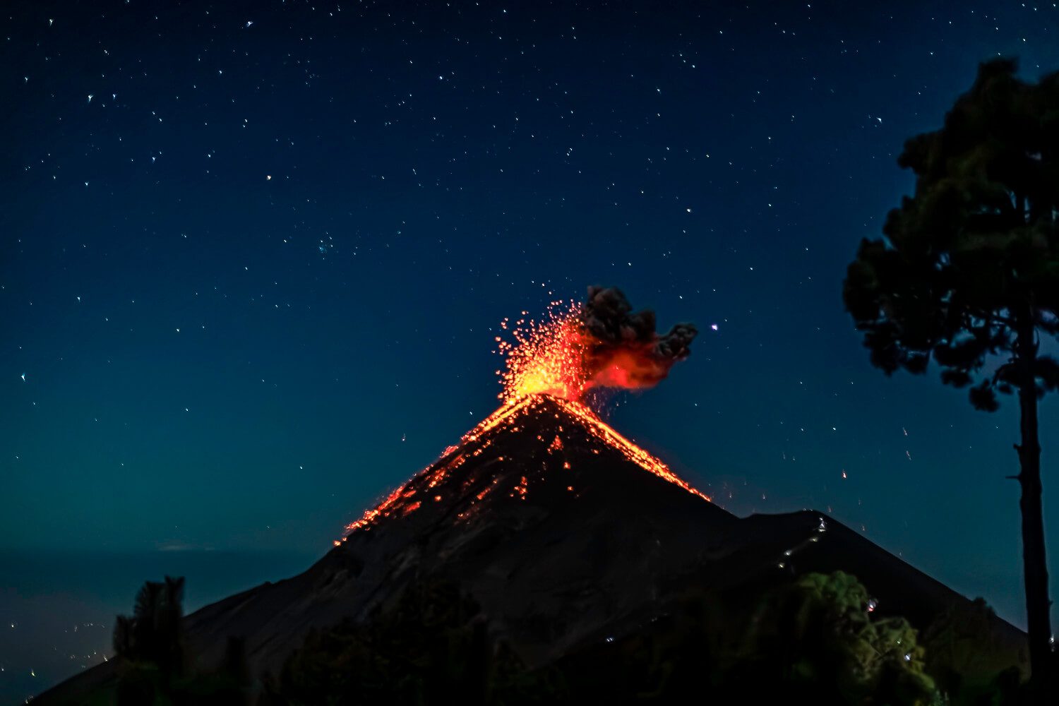 Fuego Volcano Erupting at Night